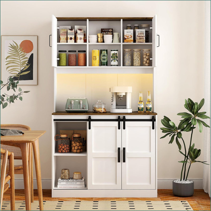 Bar Cabinet, Farmhouse White Buffet with Sliding Barn Door, Storage &amp; USB Ports | Finished MDF | Rustic Coffee Bar Sideboard