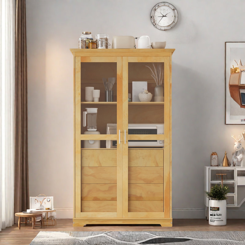 Garde-manger avec portes en verre et 4 tiroirs intégrés, Natural