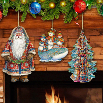 3 Piece Alaskan-Inspired Santa Wooden Ornaments