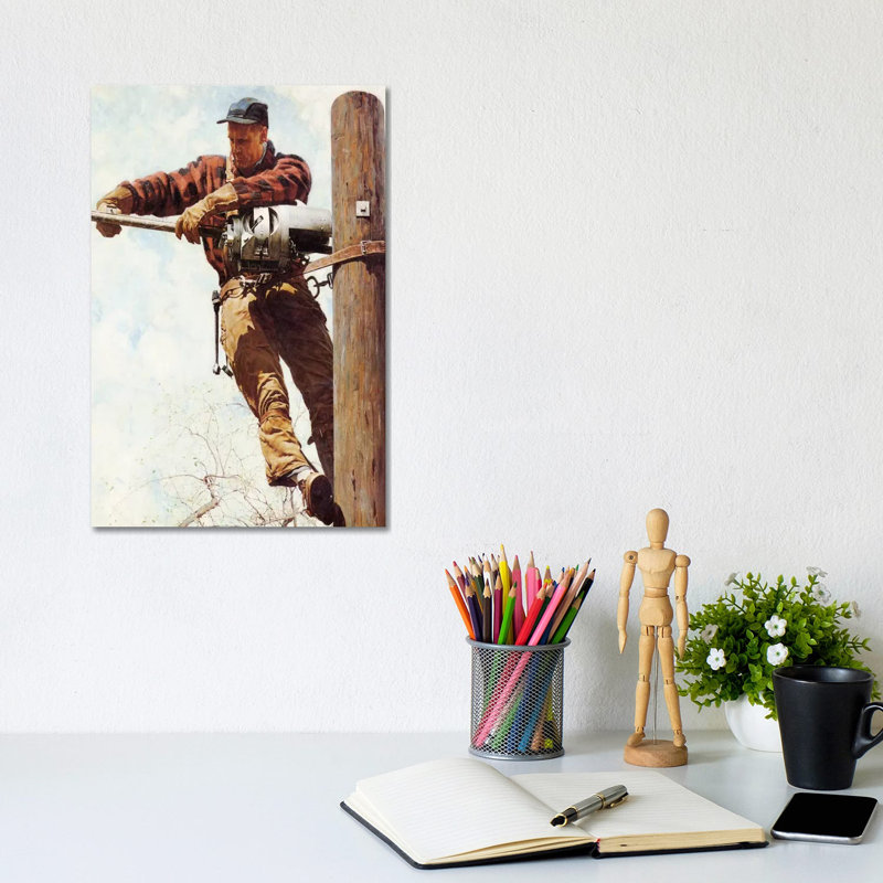 The Lineman by Norman Rockwell - Painting on Canvas, 20.32 cm H x 30.48 cm W, Wrapped Canvas