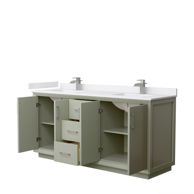 72'' Double Bathroom Vanity with Cultured Marble Top, Brushed Nickel, Light Green, White Cultured Marble