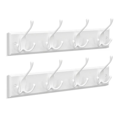 2 Pack Wall Mounted Coat Rack with 4 Triple Hooks, White Entryway Hook Rack for Coats, Hats, Bags and Keys, Heavy Duty Metal