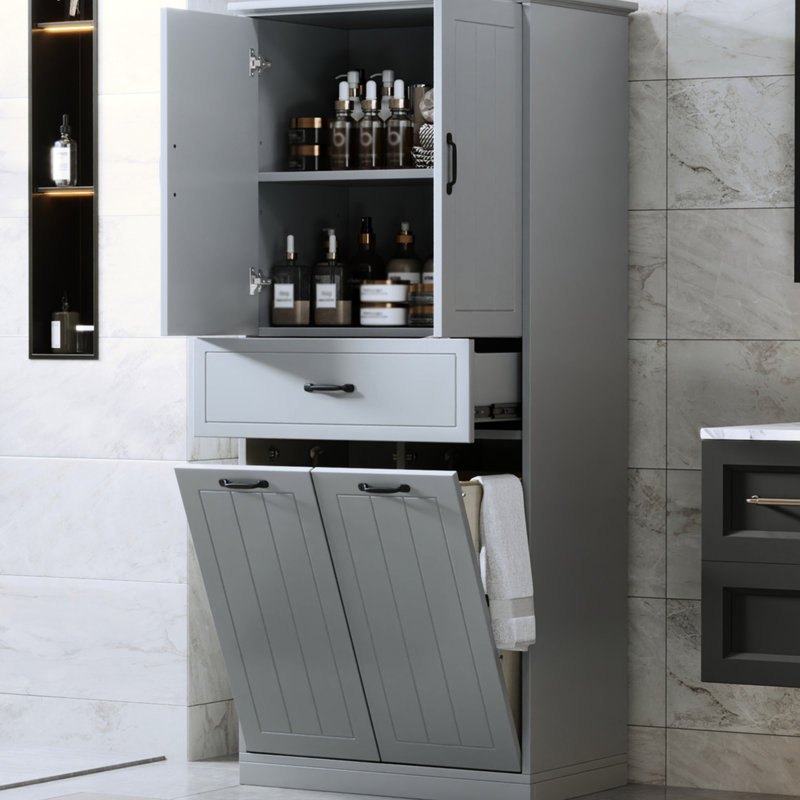 Rangement de salle de bain gris avec portes et tiroir, armoire, peint, 2 buanderie, tablette réglable, basculement pour le basculement de la maison et tiroir