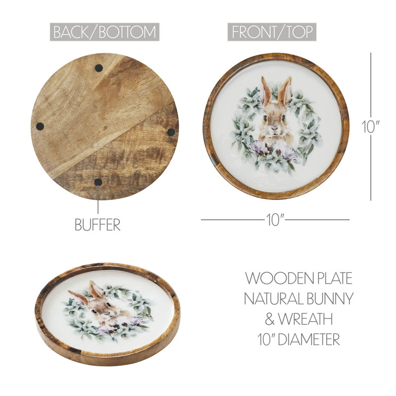 Assiette en bois Bunny Hop naturel avec lapin et couronne, H 10 po x l 10 po x P 0,75 po