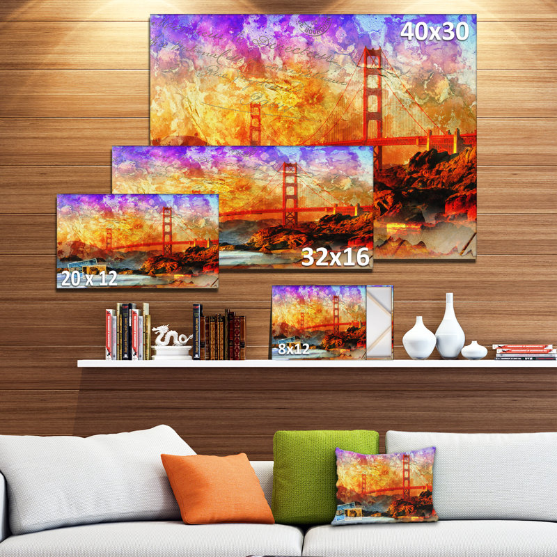 San Francisco Bridge - impression d'art graphique, H 8 po x l 12 po x P 1 po, Toile tendue