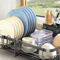 SAYZH Dish Drying Rack, Kitchen Dish Drainer Rack, Expandable(132-197) Stainless Steel Sink Organizer Dish Rack and Drainboard Set with Utensil Holder Cups