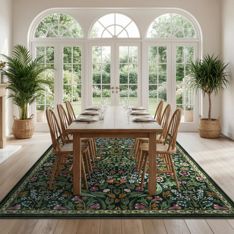 Tapis lavable à motif floral Kaldi, Vert, Rectangle 6' x 9'