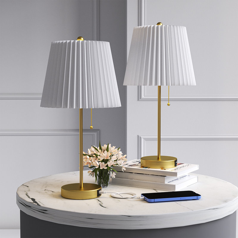 20.75'' Metal Table Lamp with USB & Folding Shade (Brass) - MCM Modern Funky Accent Table Lamps for Bedroom Bedside/Nightstand, Living Room & Desk