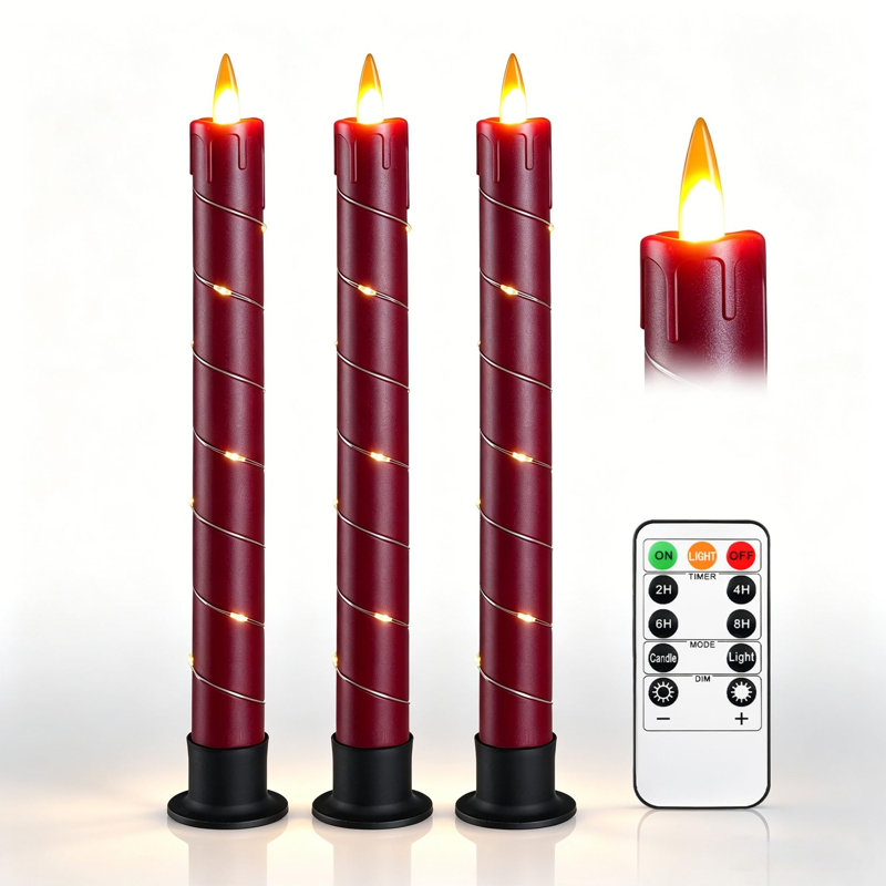 Unscented Flameless Taper Candle with Plastic Holder, Red