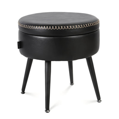 Modern Storage Ottoman & Vanity Stool - Synthetic Leather Round Seat with Stitching, 330 lb Capacity Steel Legs, Multi-Functional Footrest & Bedroom Bench, Ink Black