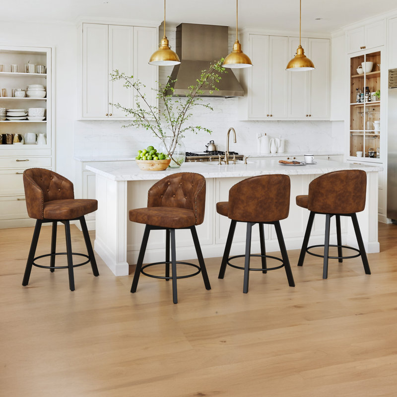 26" Swivel Upholstered Counter Stool With Diamond Button-Tufted Backrest Faux Leather Counter Stool, Metal Legs, Retro Upholstered Barstools For Kitchen Island, Home Bar, Pub
