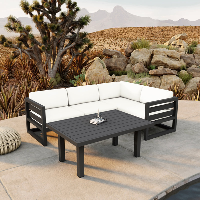 Ensemble de canapÃ©s modulaires Smith 5 piÃ¨ces avec coussins SunbrellaÂ®, Toile Sunbrella® naturel, Ardoise