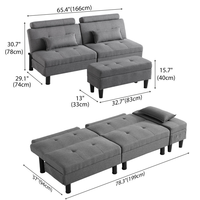 Upholstered Convertible Reclining Sleeper Sofa Bed With Versatile Ottoman, 2 Soft Pillows