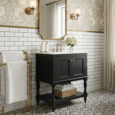 24" Freestanding Bathroom Vanity With Ceramic Sink, Modern Luxury Cabinet With Carved Legs And Open Shelf In White, Black Or Beige