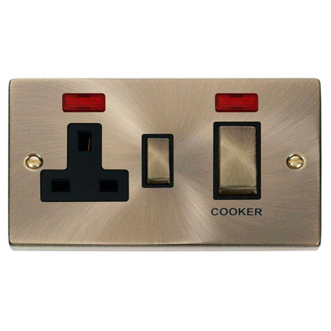 Antique Brass Cooker Socket Ingot 45A With 13A Switched Plug Socket & 2 Neons