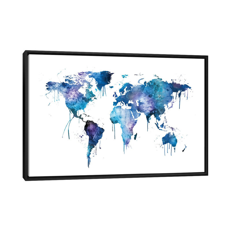 « aquarelle map of the world map, blues & mauves » par michael tompsett, impression sur toile, H 18 po x l 26 po x P 1,5 po