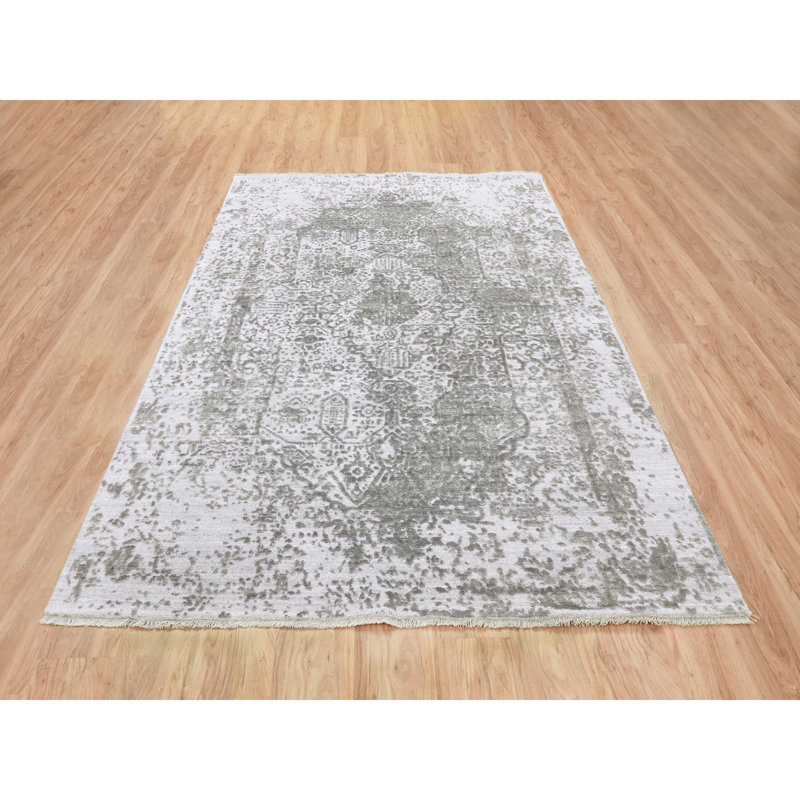 Tapis décoratif noué à la main gris New Age de conception unique 6 pi x 9 pi