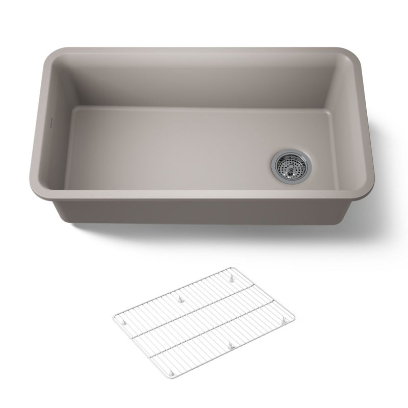 Cairn 33-1/2" x 18-5/16" x 9-1/2" Under-Mount Single-Bowl Kitchen Sink with Basin Rack, Matte Taupe