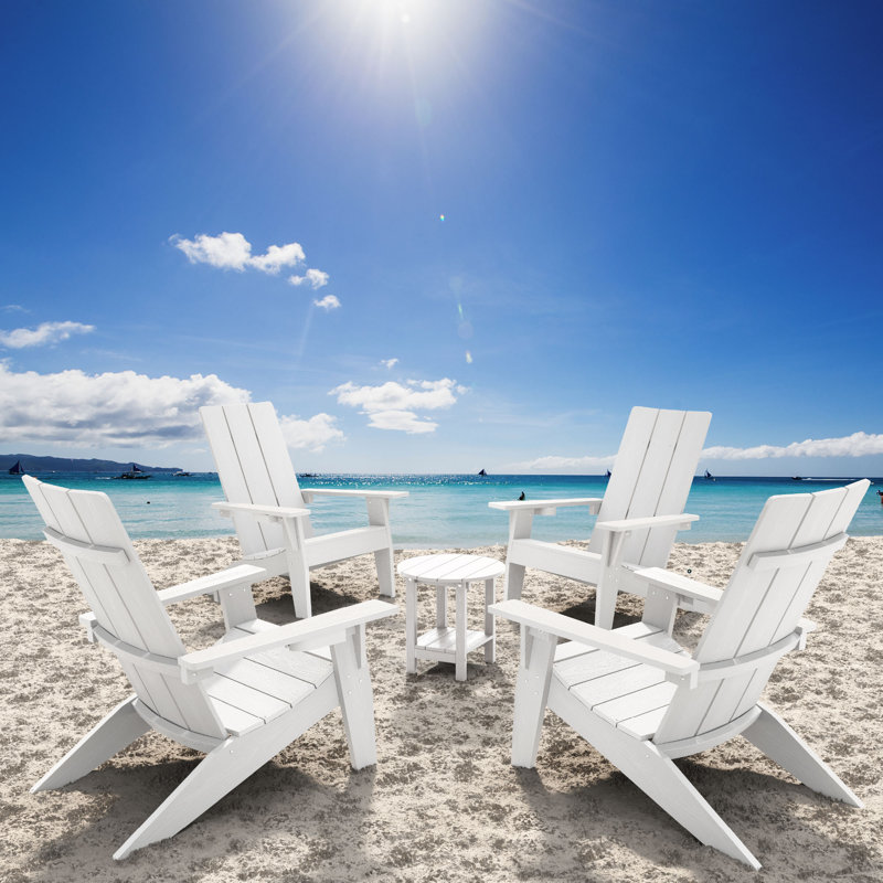All Weather Outdoor HIPS Plastic Adirondack Chair Fire Pit Chairs With Table Oversized 4 Patio Chairs with 1 Table, White