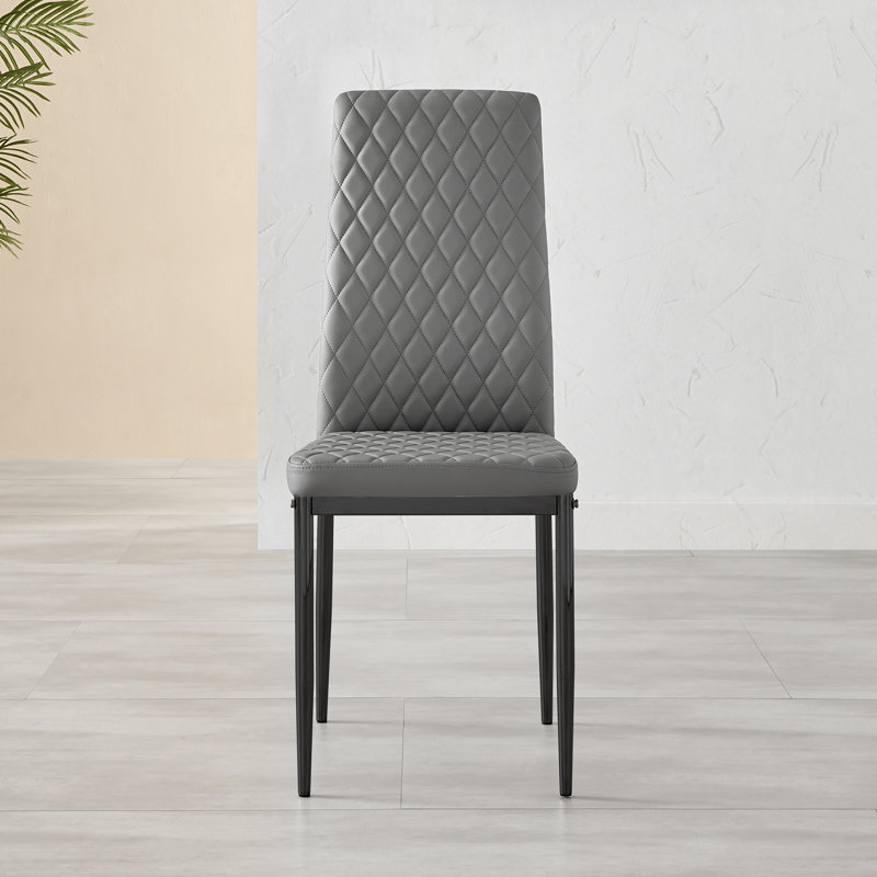 Eubanks Faux Leather Modern Tall Back Dining Chairs with Metal Legs & Diamond Stitching, Grey, Black, 4