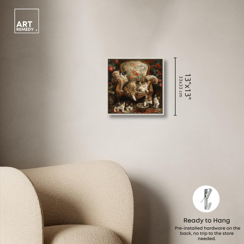«Lounging Cats» par Art Remedy, H 13 po x l 13 po, Cadre flottant, Blanc