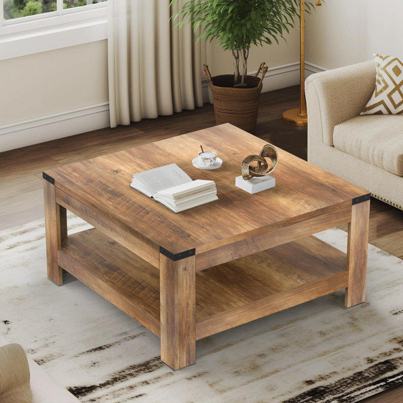 Zara Square Coffee Table With 2-tier Storage Shelves, Oak Wood