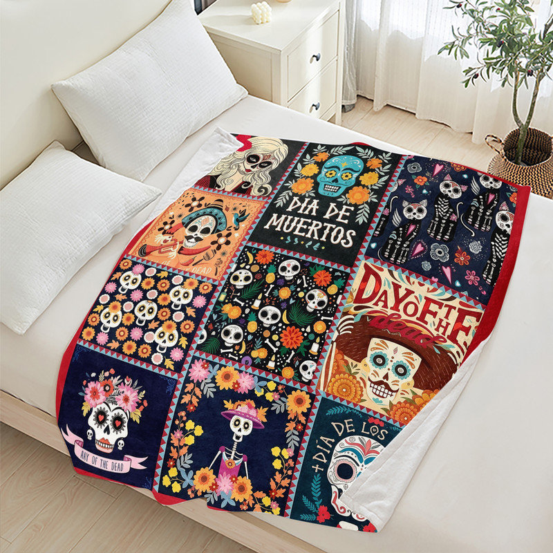 Jeté en flanelle JYK Halloween, en microfibre moelleuse, légère, respirante et confortable, Day Dead Patchwork