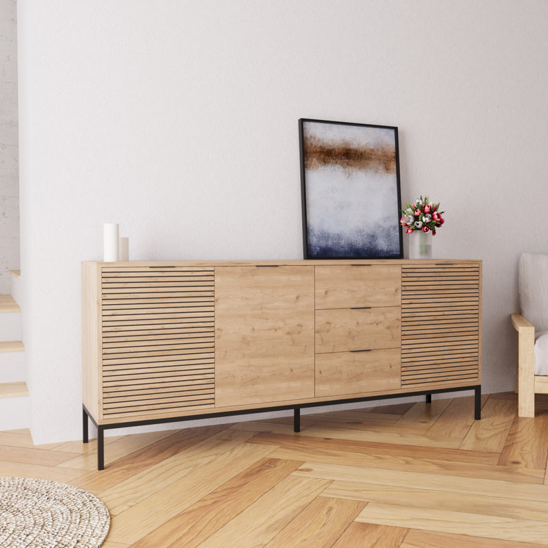 Alya Lined Sideboard Cabinet 180 cm-Modern Storage Sideboard with 3 Drawers & 3 Doors, Oak Effect