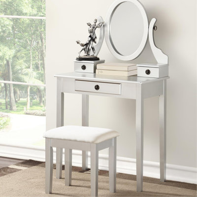 Coiffeuse et tabouret argentés, rangement en bois à 3 tiroirs, miroir ajustable pour la préparation du maquillage