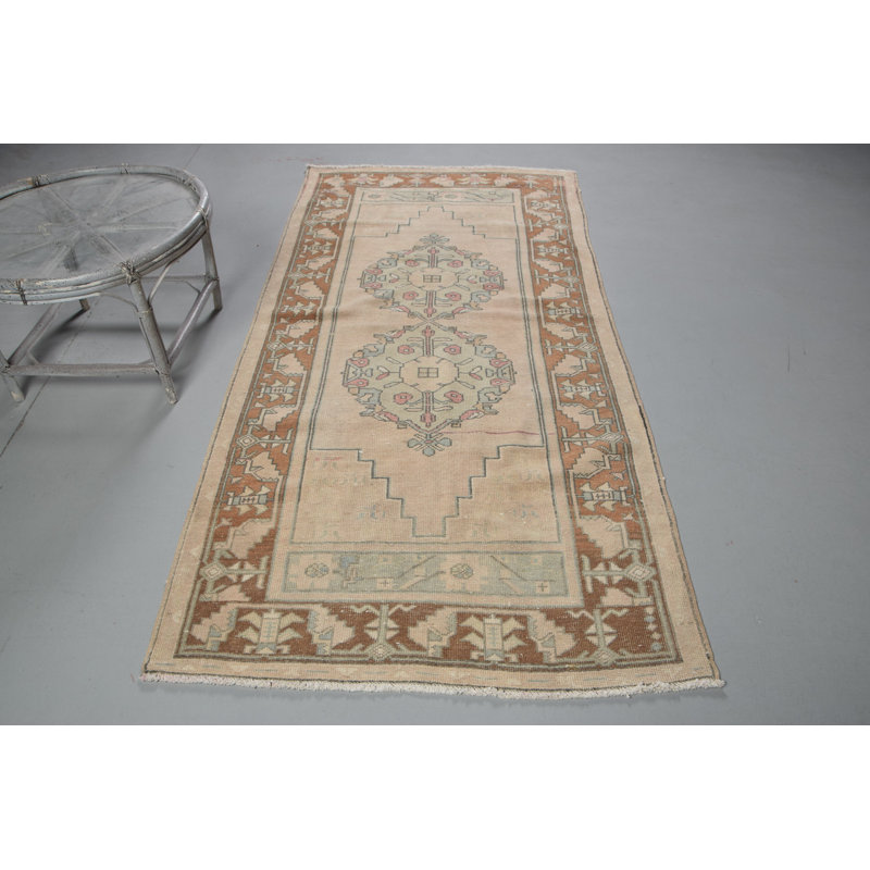 Tapis turc beige en laine fabriqué à la main à motif tribal pour couloir d'intérieur