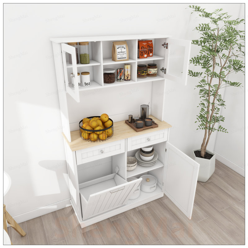 Armoire de rangement moderne pour poubelles de cuisine avec tablettes réglables, tiroirs et bac inclinable pour une vie organisée