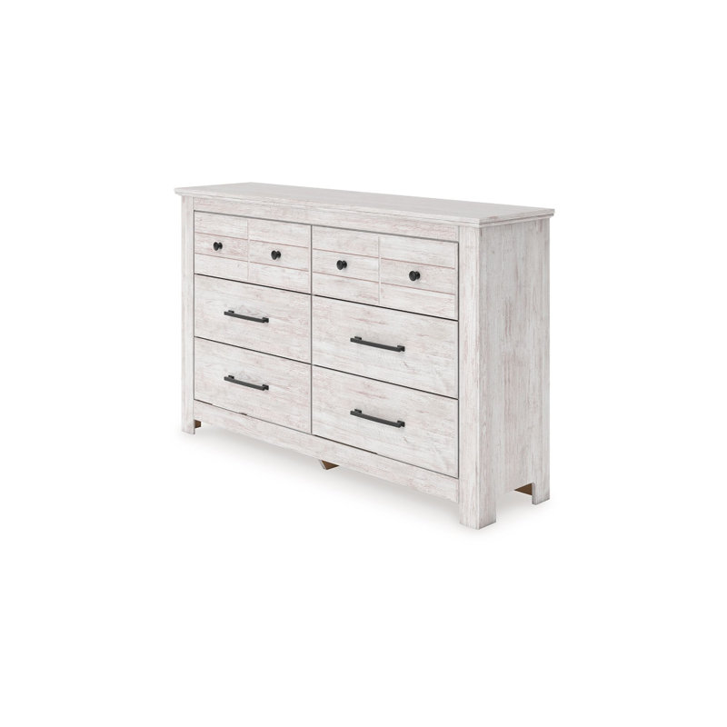 Commode large 6 tiroirs Maki, quincaillerie bronze, finition chalet blanc délavé