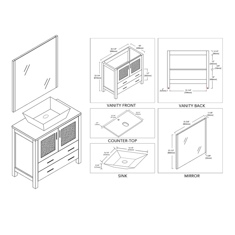 Ensemble de meuble-lavabo simple 36 po Mance, Blanc lustré