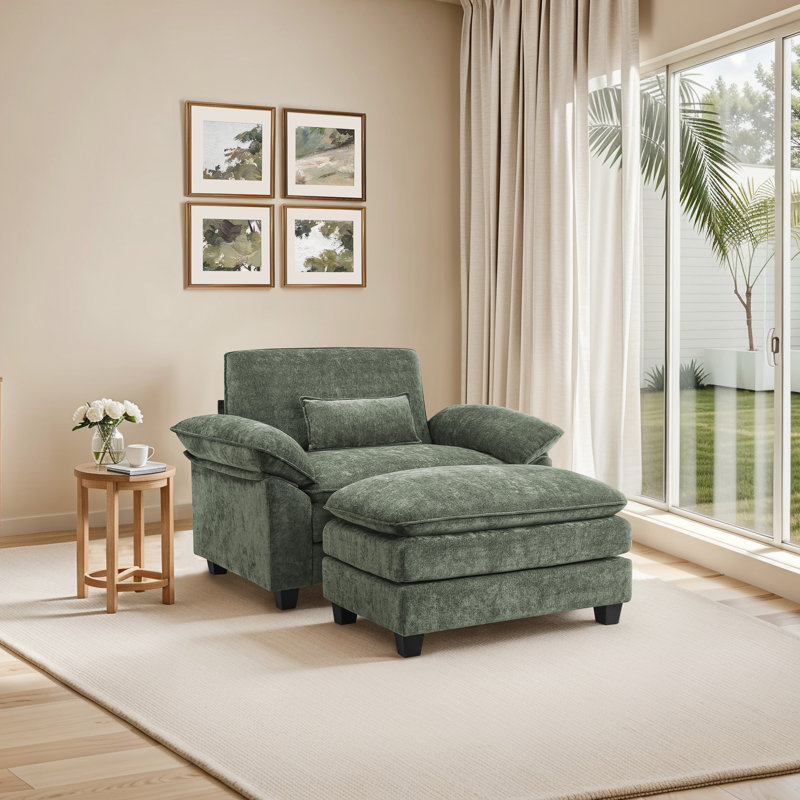 Upholstered Extra Wide Accent Chair With  Rectangle Ottoman, Grayish Green