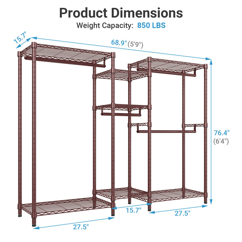 VIPEK Classic V6 Heavy Duty Garment Rack with Shelves - 850 LBS Load Capacity, Freestanding Portable Closet System (68.9” L x 15.7” W x 76.4” H),Bronze