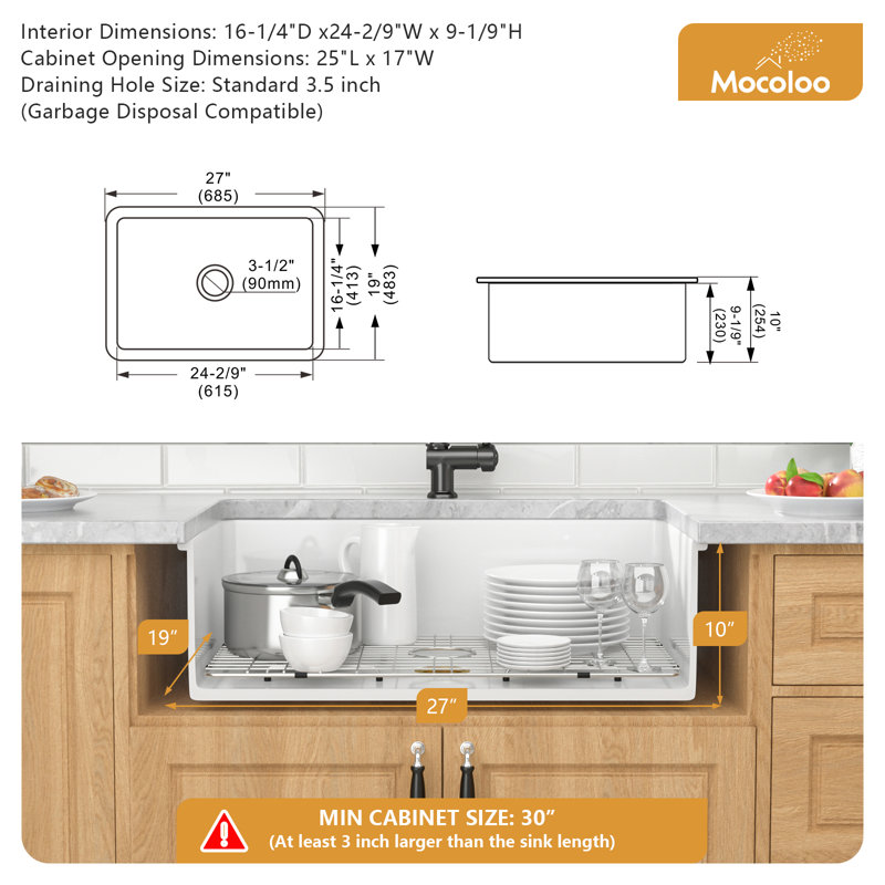 Mocoloo 27"L x 19"W Undermount/Drop-in Ceramic Kitchen Sink Fireclay Single Bowl Kitchen Sink with Basket Strainer