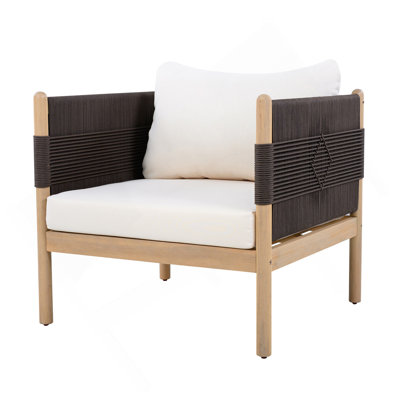 Fauteuil club d'extérieur en bois d'acacia avec tissage et coussins en corde de diamant, teck clair