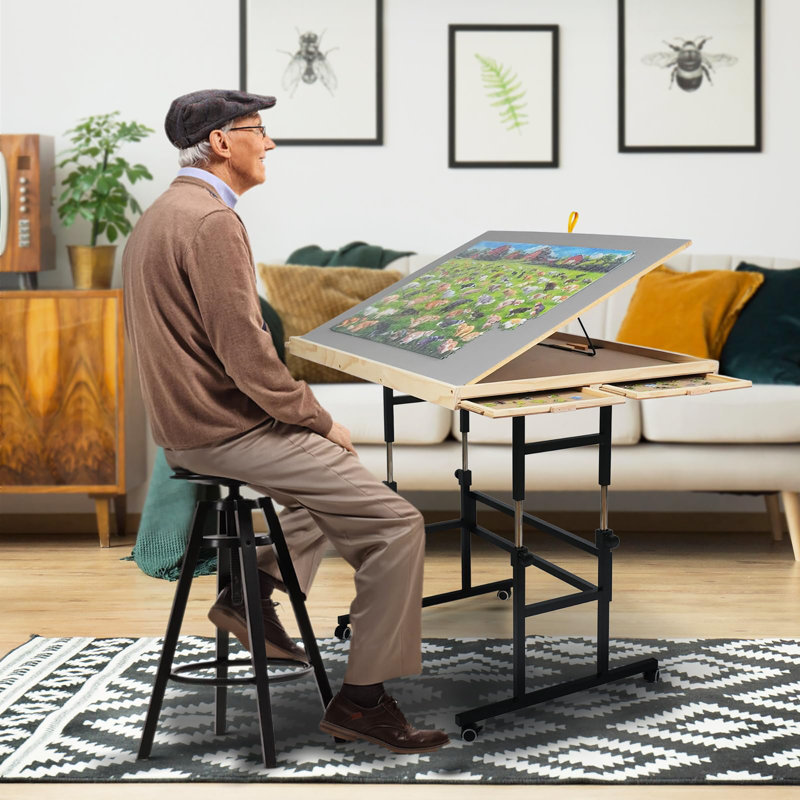 Table 1500 pièces en bois pour adultes avec pieds, plateau de table réglable 25 po x 34 po, 3 angles inclinables, 4 tiroirs, couvercle et conception portable