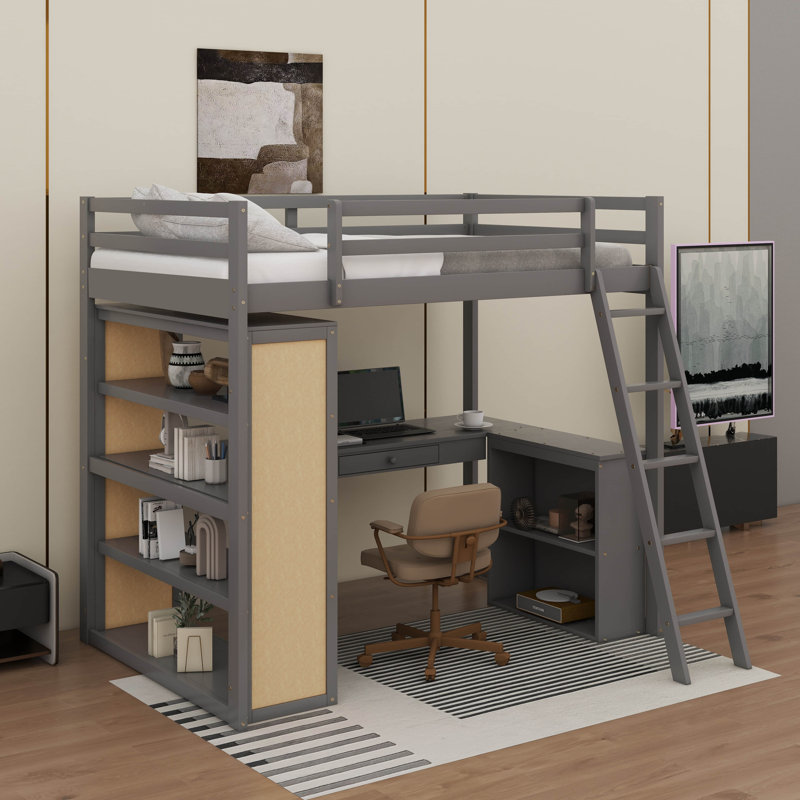 Lit mezzanine double avec tablettes et bureau