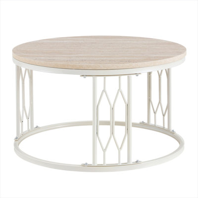 Round Coffee Table with Faux Stone Top and White Finish Metal Frame, 27.5-Inch Diameter