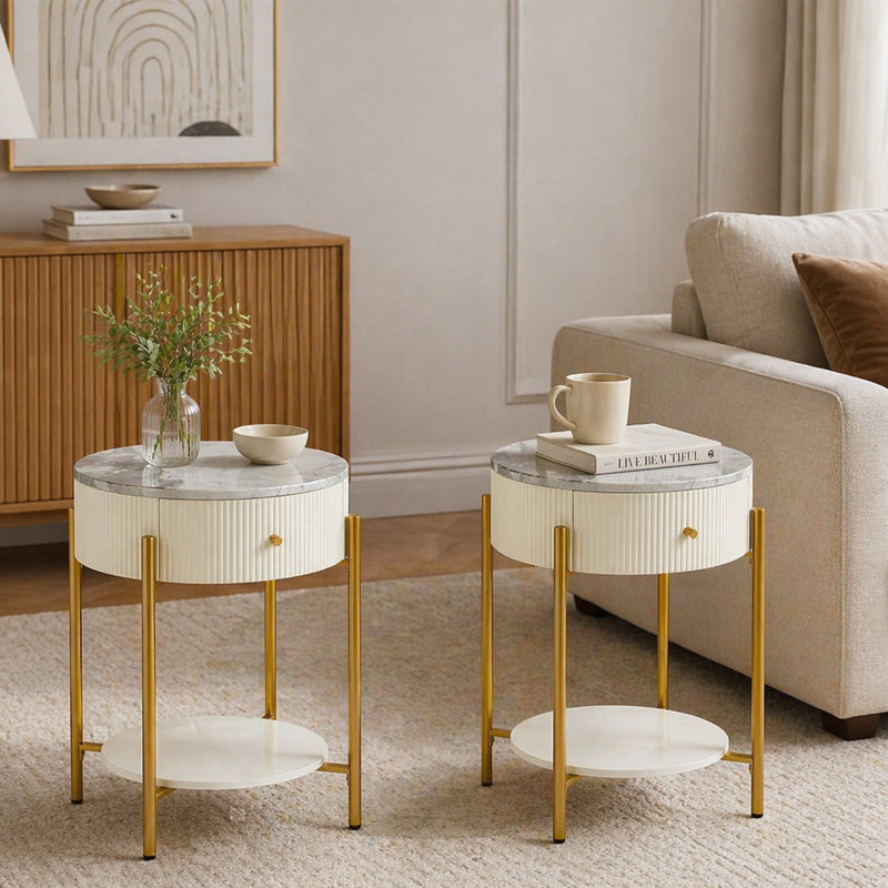 End Table Set-Mid-Century Modern Marble Look Top End Side Round Table with Drawer