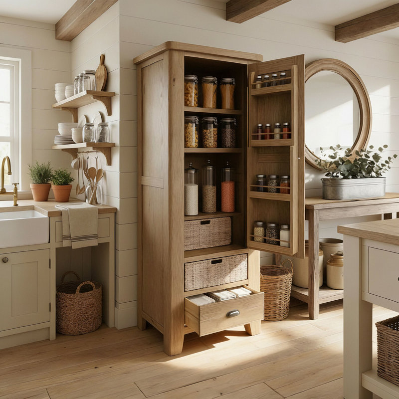 Gwenaelle Fully Assembled Solid Wood with Oak Veneer 1 Door Kitchen Pantry Larder Unit