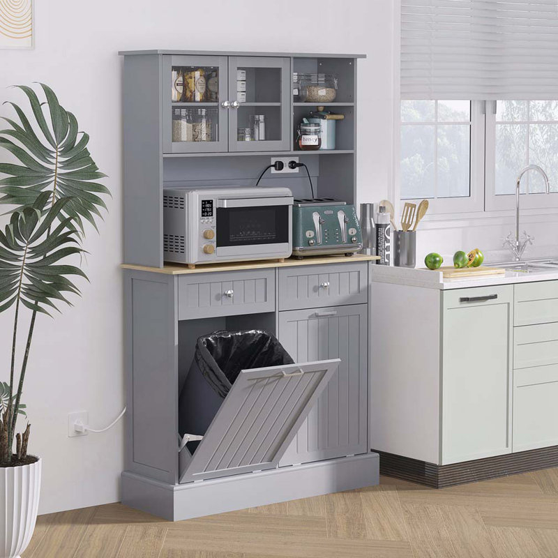 Armoire de rangement pour garde-manger 68 "avec station de charge, 2 armoires à ordures inclinables et support pour micro-ondes