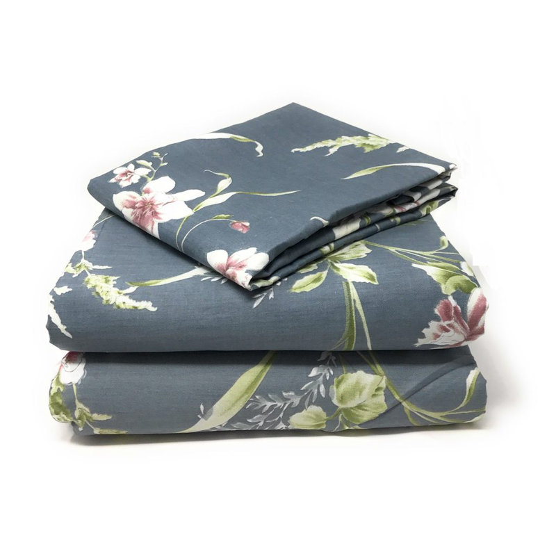 100% Cotton Jersey Knit Floral Flat Sheet, Twin Sheet Set + Fitted Sheet + 1 Pillowcase