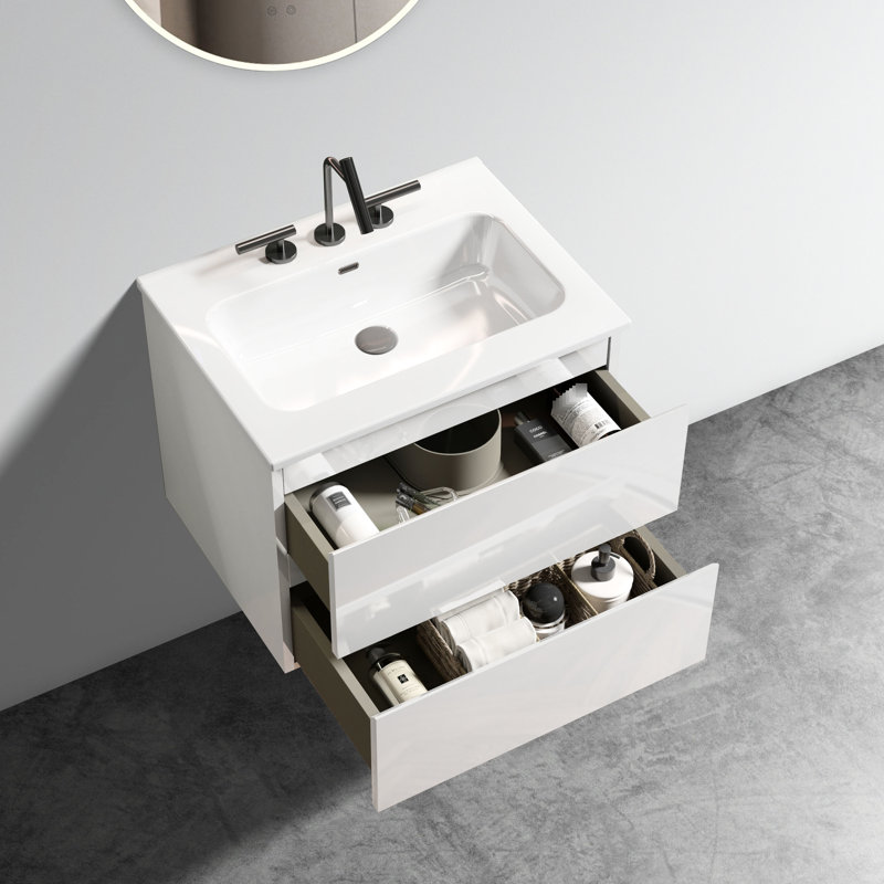Modern Space Grey Bathroom Sink Unit - Ceramic Basin Silent Drawer Box Storage Vanity Drawers Inside, Blanc, 24"