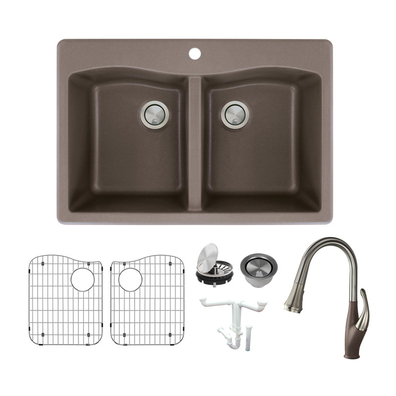 Évier de cuisine à double cuve avec robinet l 33 po x l 22 po granite Aversa, Espresso, Acier inoxydable de luxe / Espresso