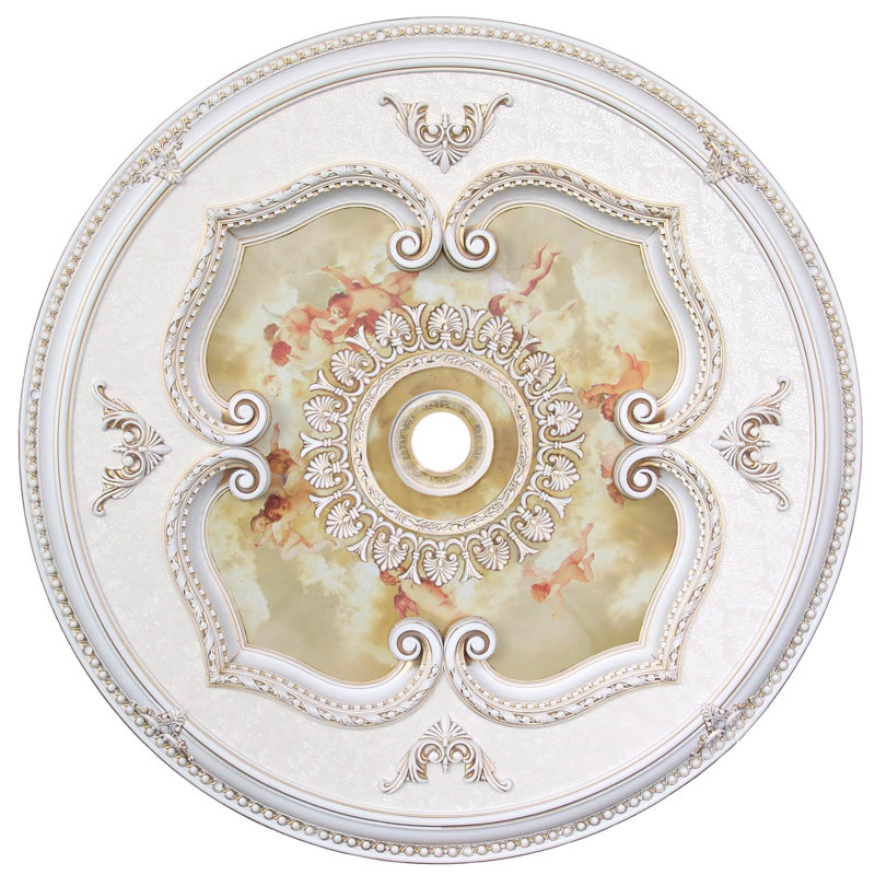 Round 43" Antique White Ceiling Medallion Sepia Sky Angel Motif, Antique Gold
