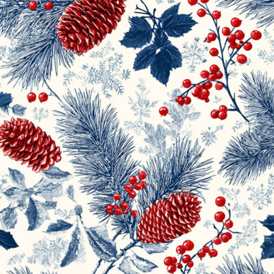 Peel and Stick Wallpaper Winter Berry Pine Cone Seamless Botanical Blue Pine Branches Red Contact Paper Removable Self Adhesive Wall Mural Wall Decor for Bedroom Kitchen Cabinets 24in x 118in