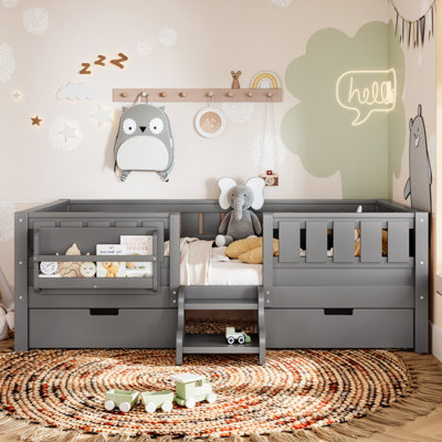 Twin with built-in bookshelves and storage drawers, Safety Staircase design and high-quality safety rails,Gray