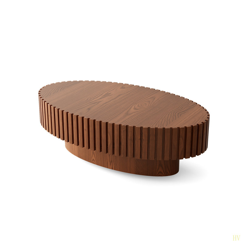 Oval Coffee Table Handcrafted Relief Sturdy Pedestal Wooden Olive-Shaped Tea Table For Living Room, Natural Wood